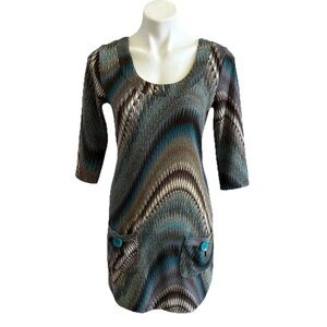 Papillon Blanc Sheath Dress Aztec Print Teal Medium Brown Sweater Dress Tribal